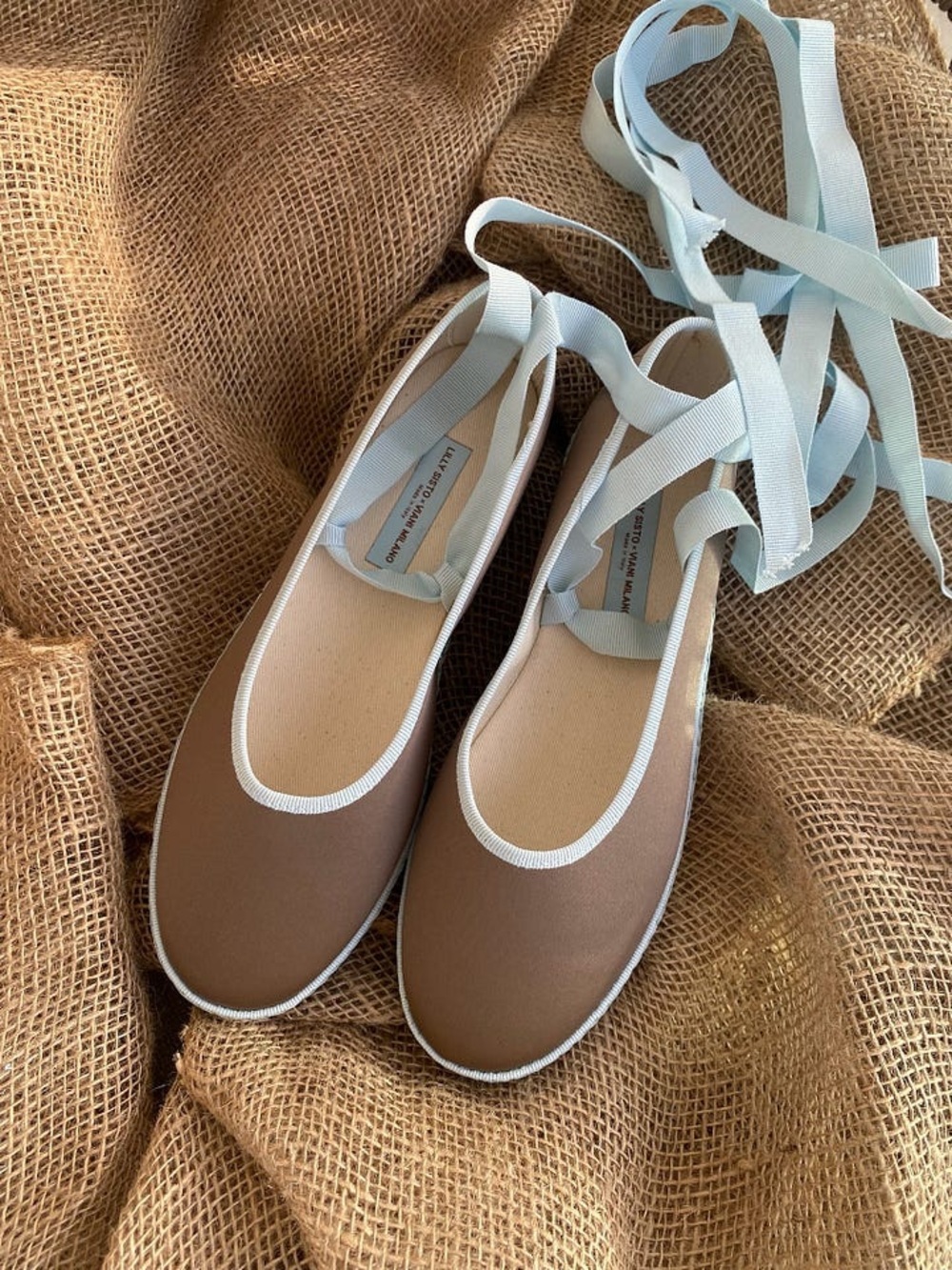 Earl Gray Satin Ballet Flats with Light Blue Trim and Ties